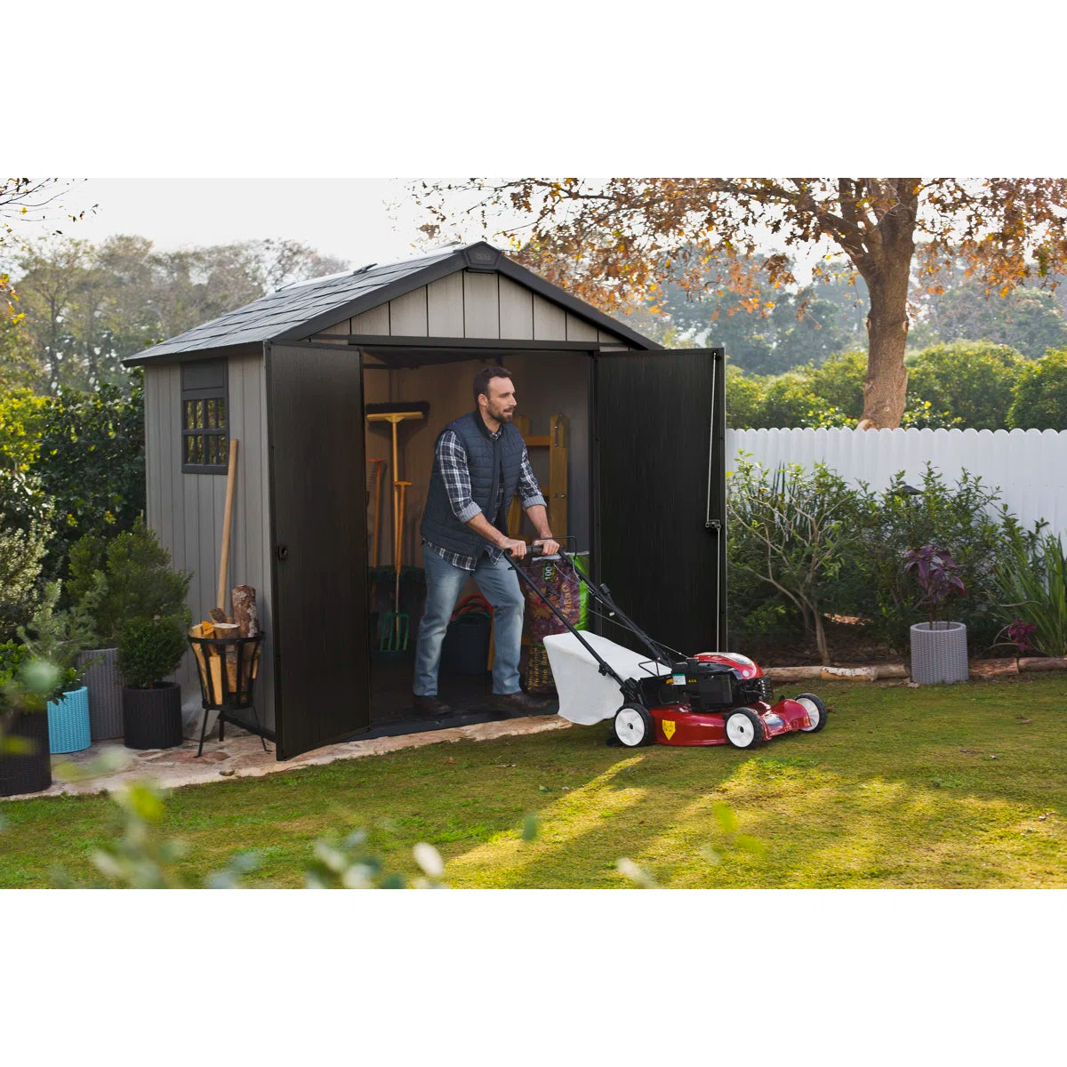 Keter Oakland 7.5x7 ft. Durable Resin Outdoor Storage Shed With Floor and Double Doors for Garden Patio Furniture and Tools, Grey