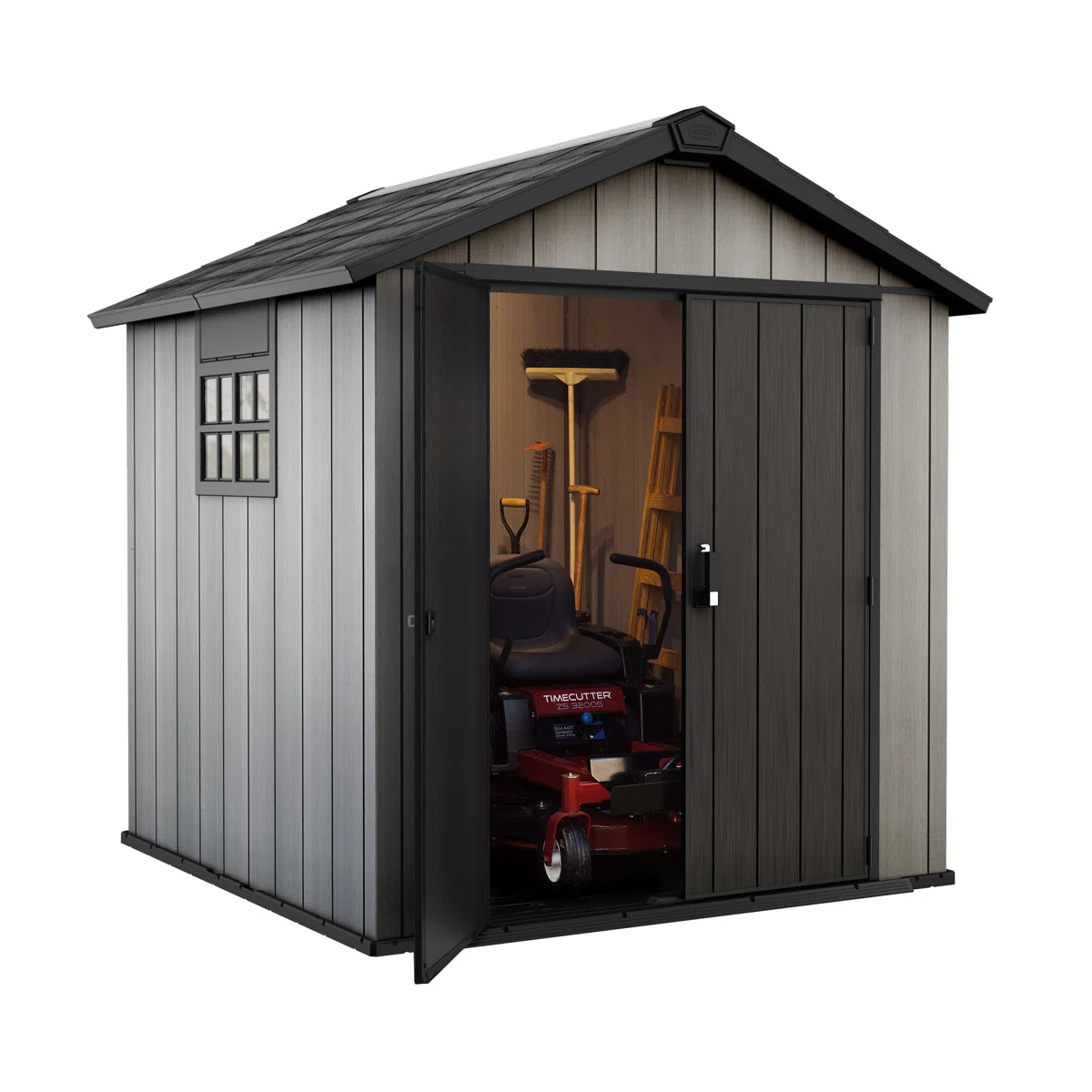 Keter Oakland 7.5x7 ft. Durable Resin Outdoor Storage Shed With Floor and Double Doors for Garden Patio Furniture and Tools, Grey