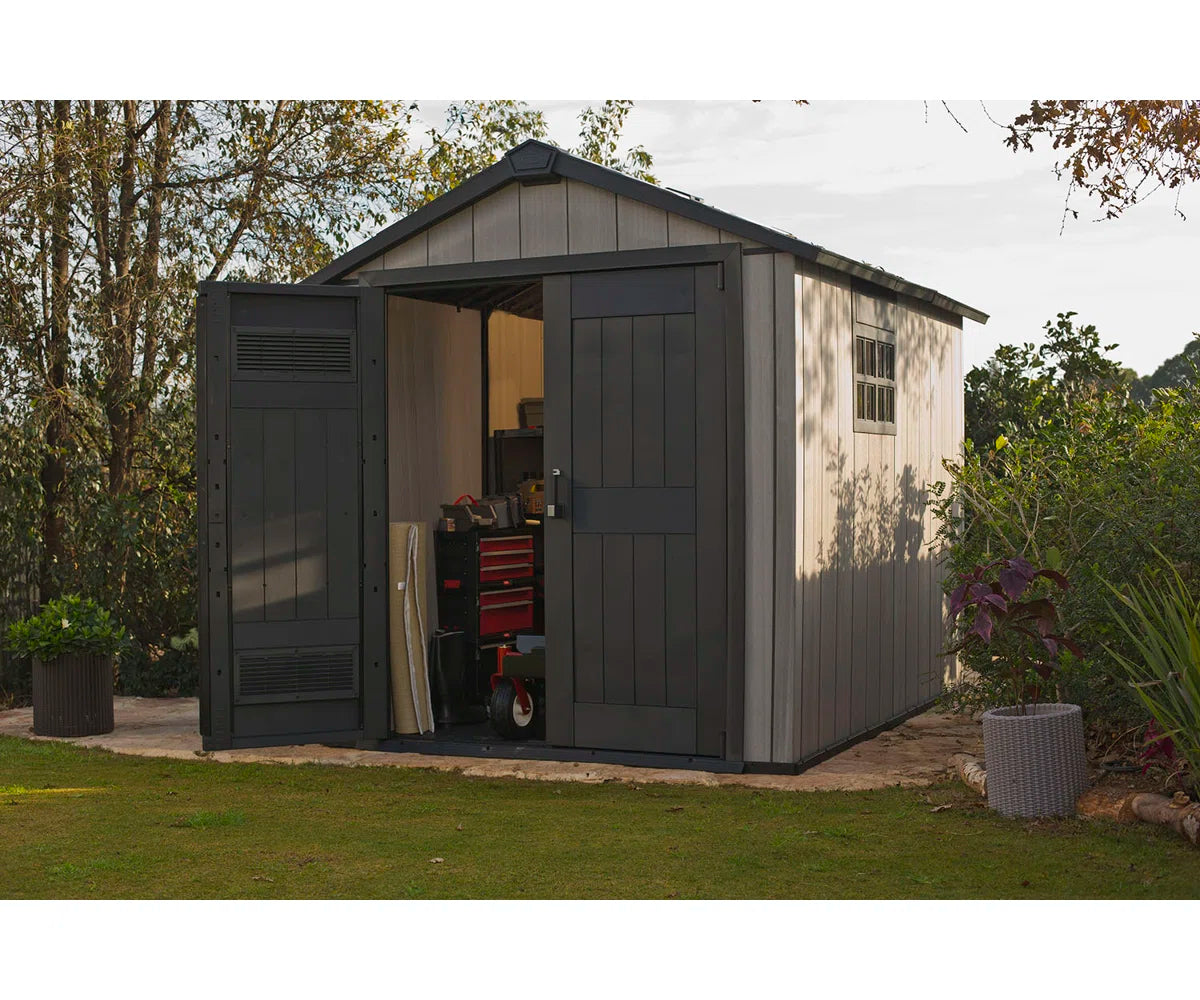 Keter Oakland 7.5x9 ft. Durable Resin Outdoor Storage Shed With Floor and Double Doors for Garden Patio Furniture and Tools, Grey