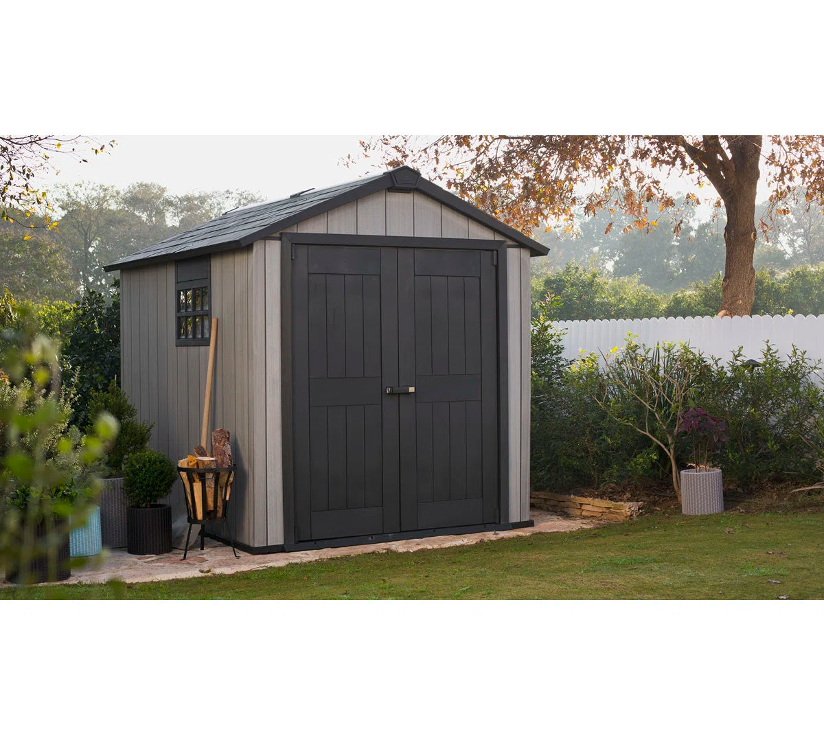 Keter Oakland 7.5x9 ft. Durable Resin Outdoor Storage Shed With Floor and Double Doors for Garden Patio Furniture and Tools, Grey