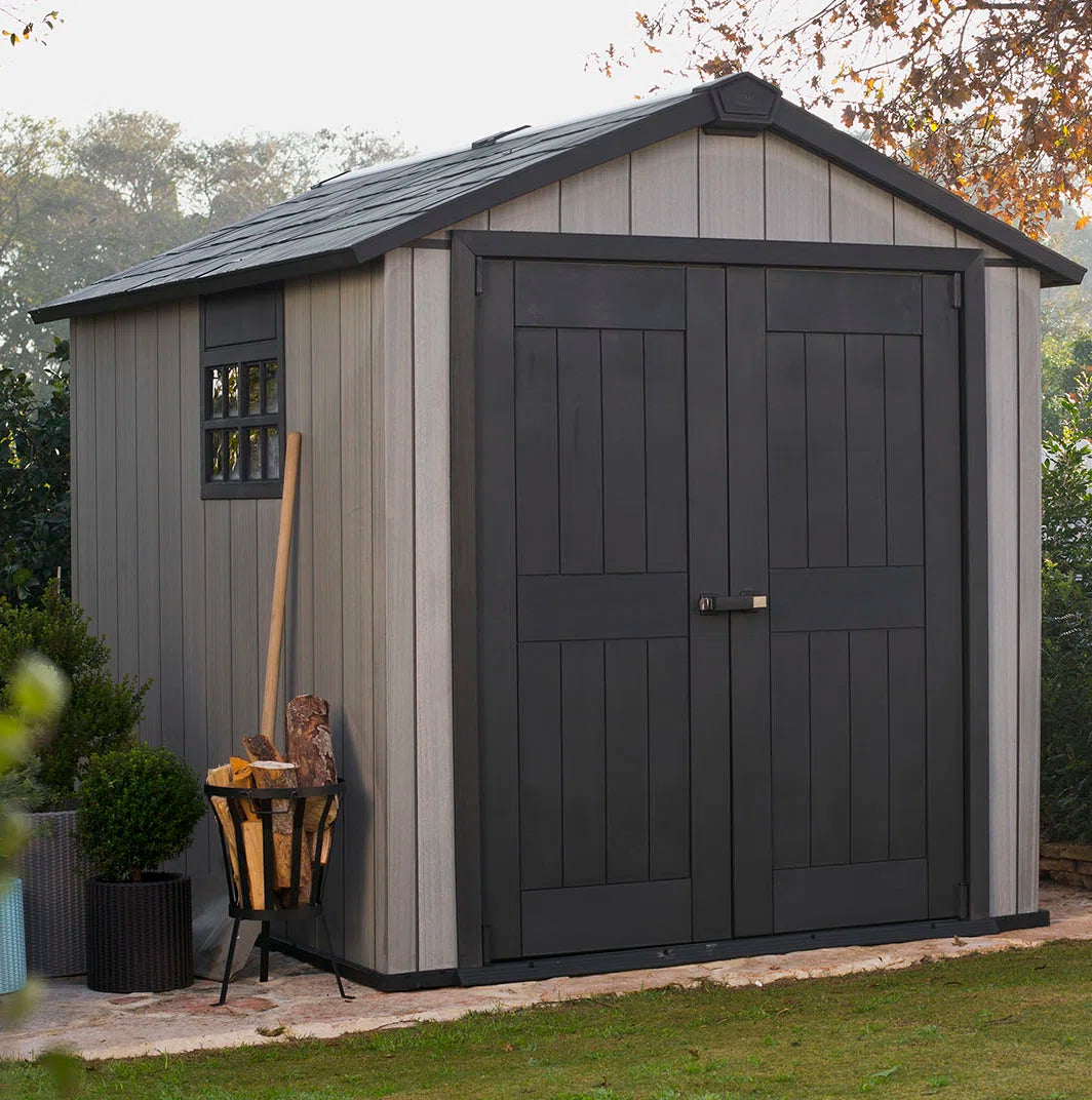 Keter Oakland 7.5x9 ft. Durable Resin Outdoor Storage Shed With Floor and Double Doors for Garden Patio Furniture and Tools, Grey