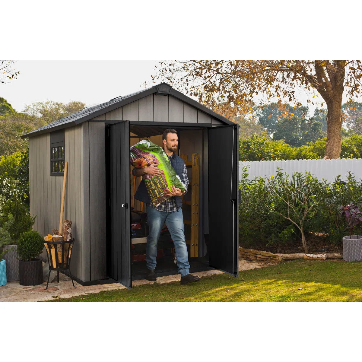 Keter Oakland 7.5x9 ft. Durable Resin Outdoor Storage Shed With Floor and Double Doors for Garden Patio Furniture and Tools, Grey