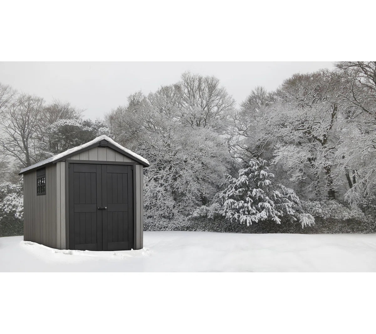 Keter Oakland 7.5x9 ft. Durable Resin Outdoor Storage Shed With Floor and Double Doors for Garden Patio Furniture and Tools, Grey