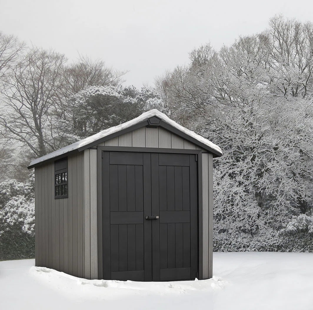 Keter Oakland 7.5x9 ft. Durable Resin Outdoor Storage Shed With Floor and Double Doors for Garden Patio Furniture and Tools, Grey