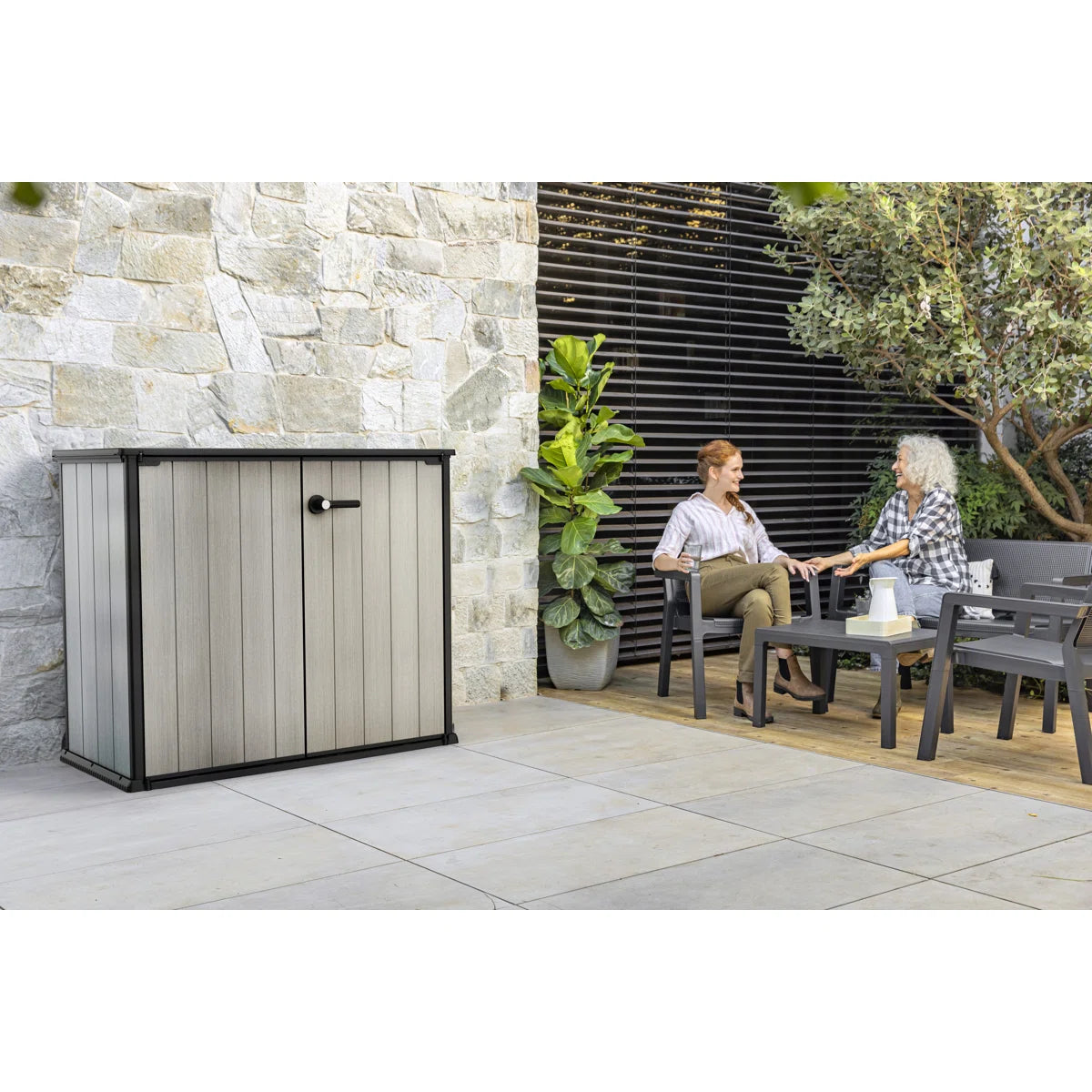 Keter Patio Store 4.6x4 ft. Horizontal Durable Resin Outdoor Storage Shed With Floor and Double Doors for Garden Patio Furniture and Tools