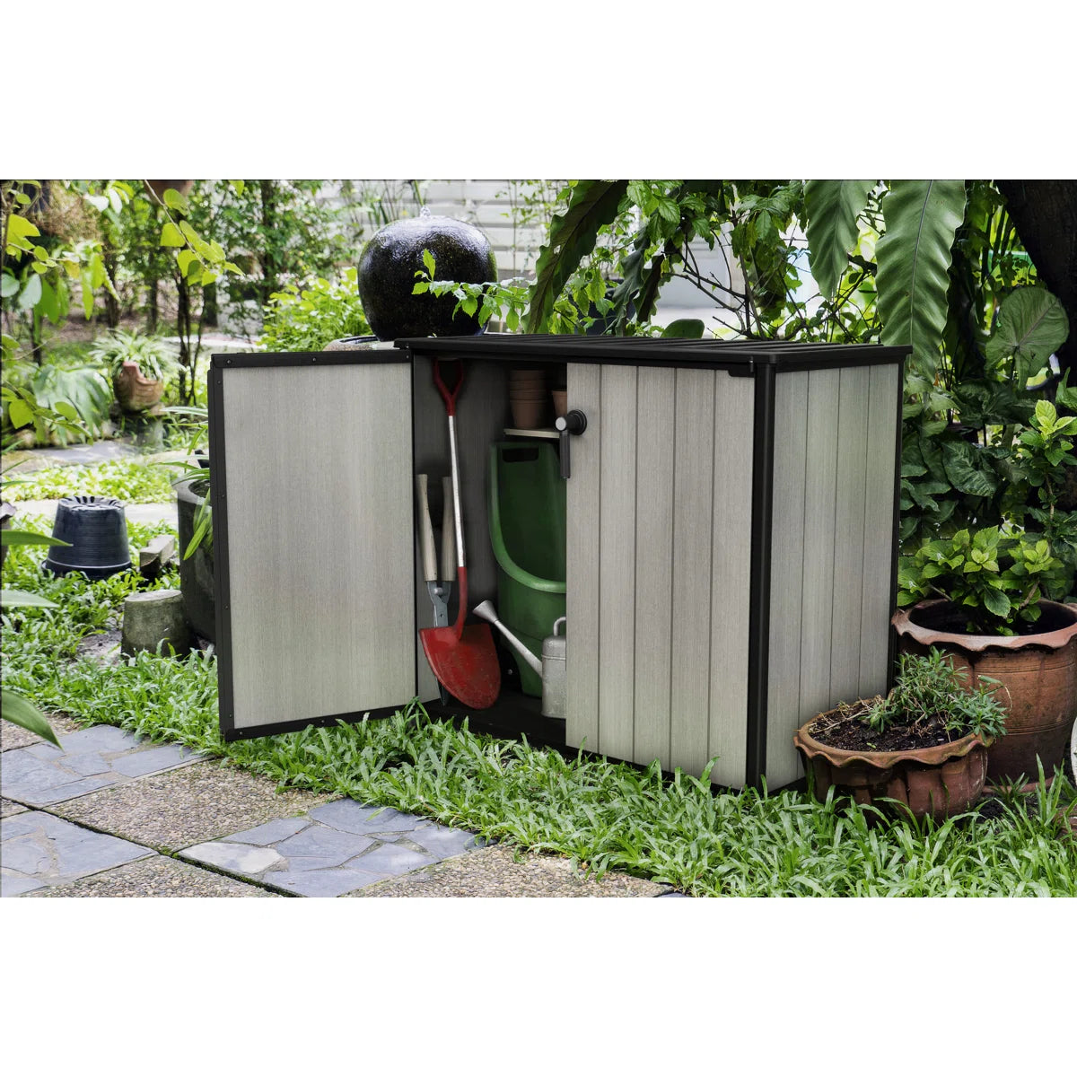 Keter Patio Store 4.6x4 ft. Horizontal Durable Resin Outdoor Storage Shed With Floor and Double Doors for Garden Patio Furniture and Tools