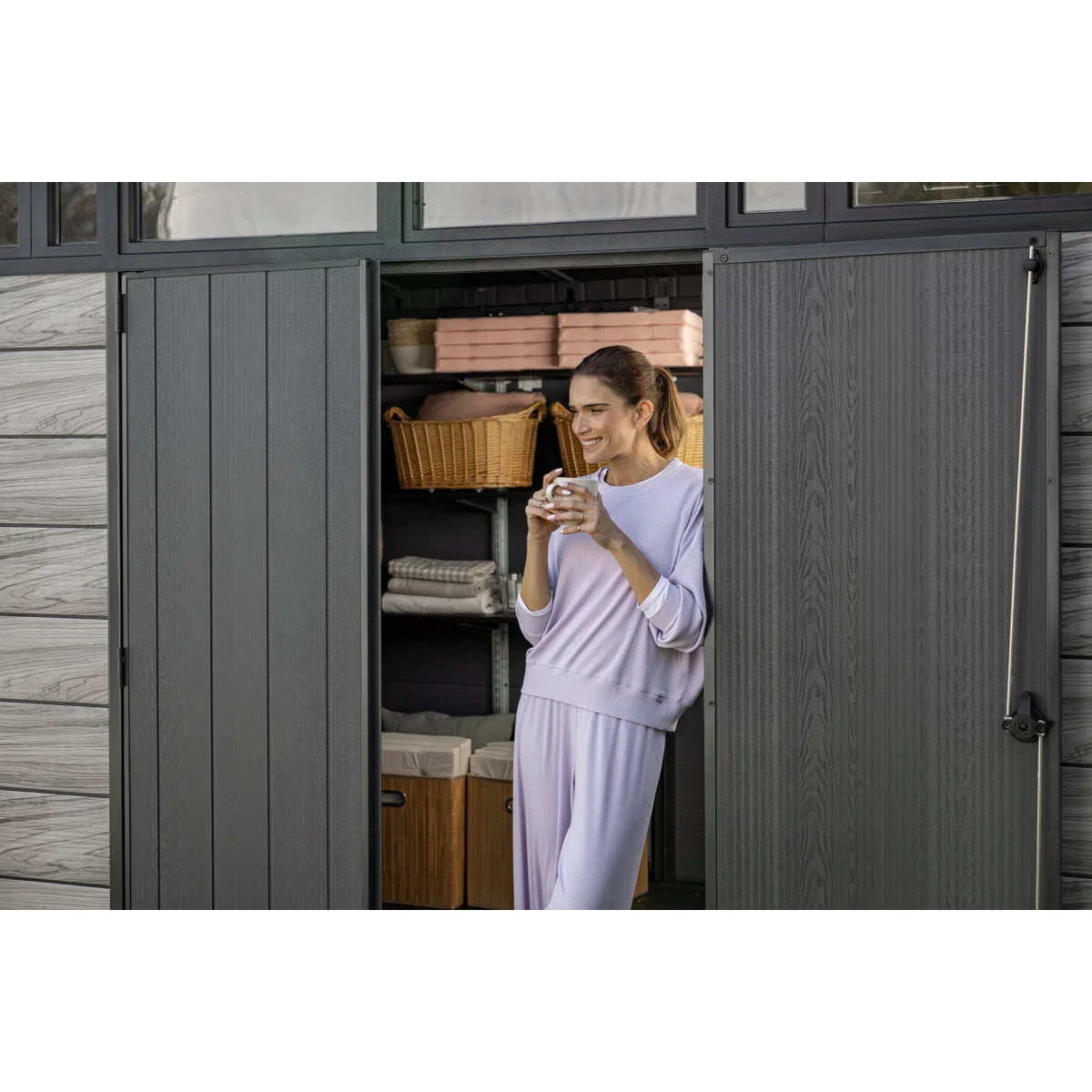 Keter Signature Collection 11x7 ft. Durable Resin Outdoor Storage Shed With Floor and Double Doors for Garden Patio Furniture and Tools, Storm Grey