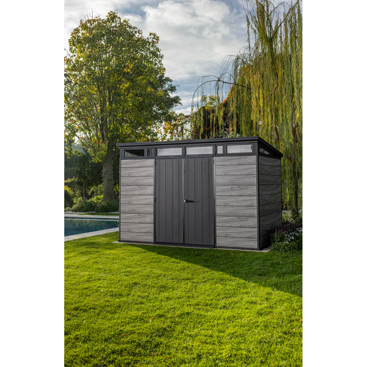 Keter Signature Collection 11x7 ft. Durable Resin Outdoor Storage Shed With Floor and Double Doors for Garden Patio Furniture and Tools, Storm Grey