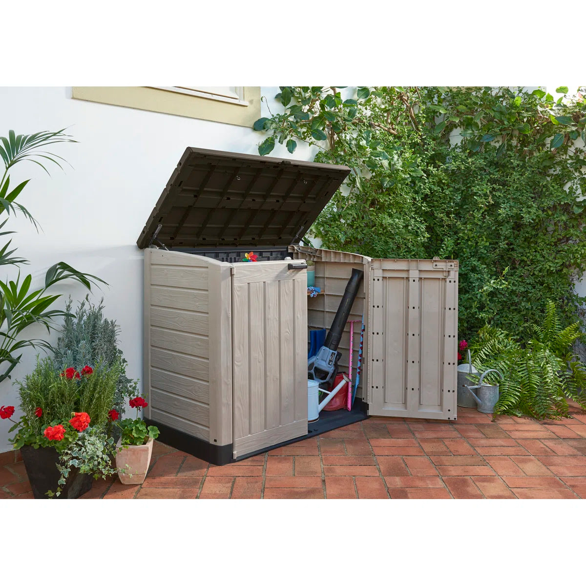 Keter Store It Out MAX 4.8x2.7 ft. Durable Resin Outdoor Storage Shed With Floor and Double Doors for Garden Patio Furniture and Tools, Brown