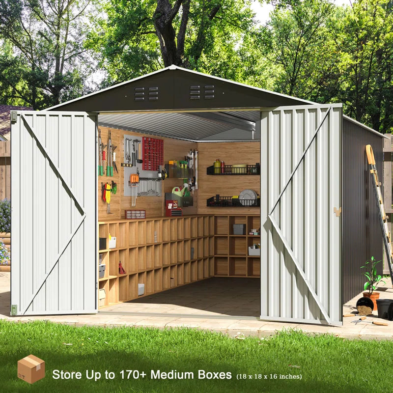 Outdoor Metal Storage Shed with Reinforced Steel Frame and Lockable Doors