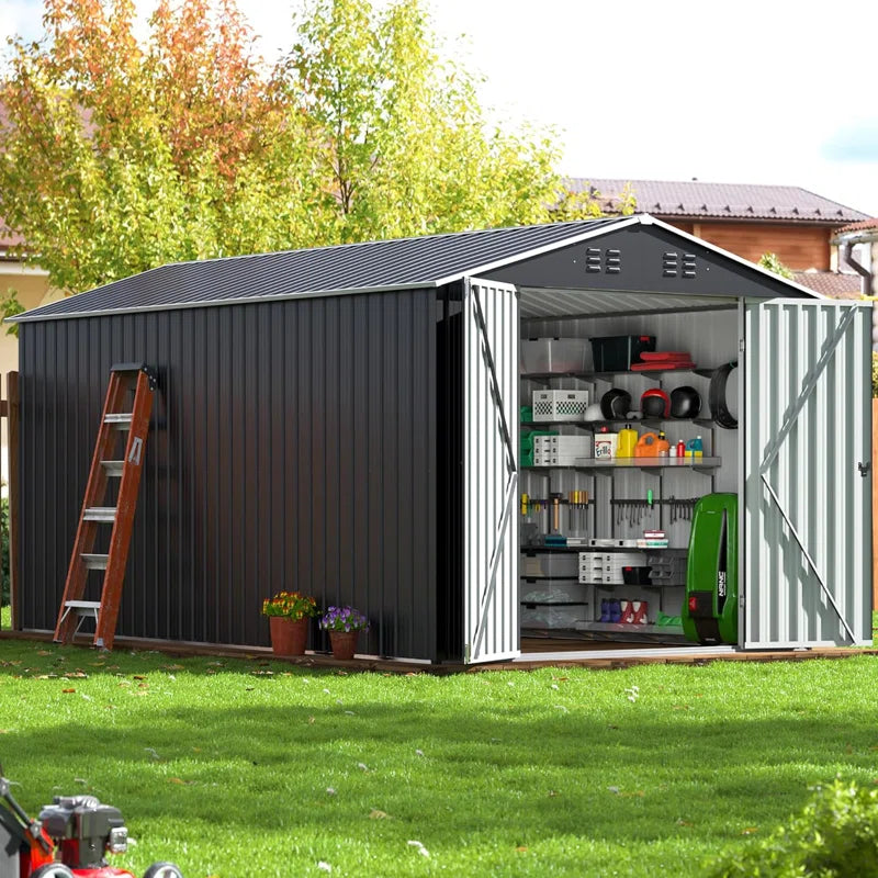 Outdoor Metal Storage Shed with Reinforced Steel Frame and Lockable Doors